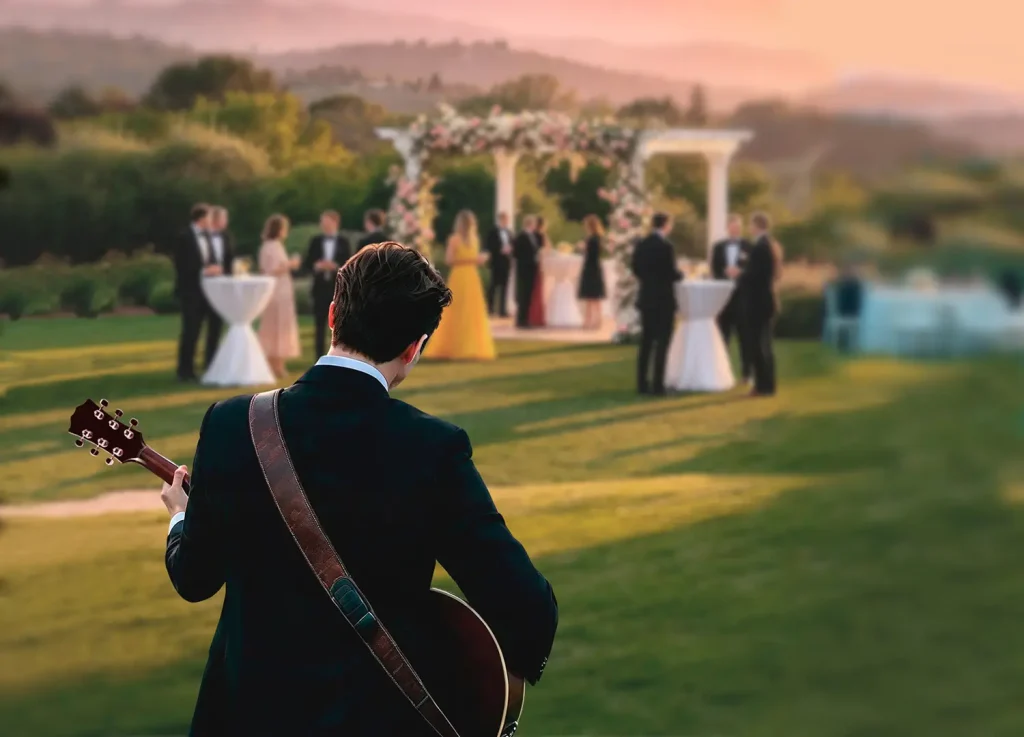 A guitarist seen from behind, facing a wedding reception in a garden at sunset