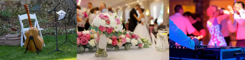 Three moments of a wedding: a guitar ready for the ceremony, the dinner tables and the dance floor